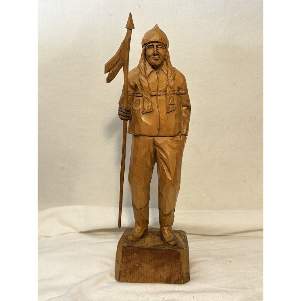 Vintage Canadian Flat Plane Wood Carving 12" Indigenous Chief Hunter Danis